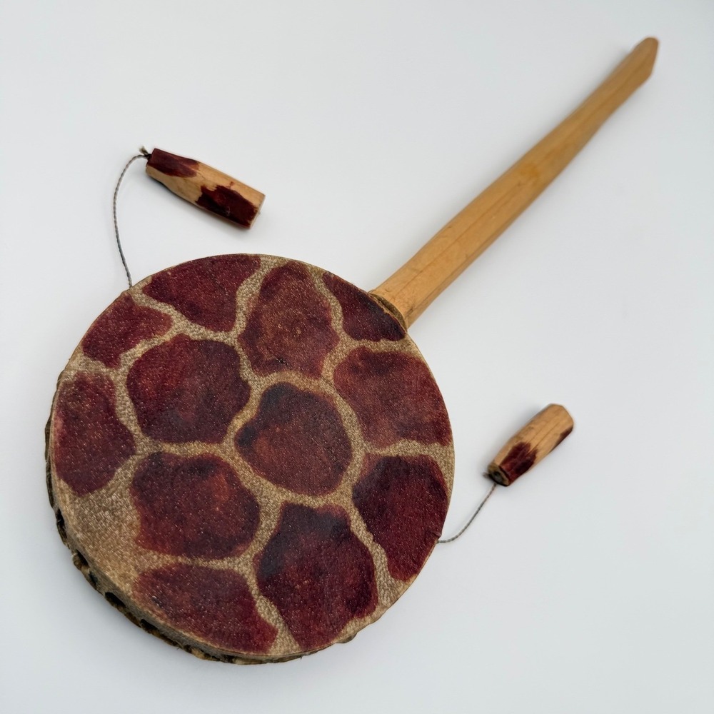 Rattle Drum Animal Print Wooden Handle Musical Percussion Instrument Folk‎